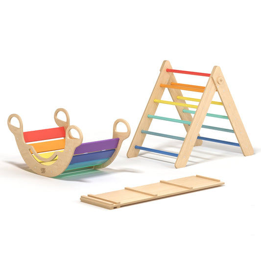 Pikler Triangle + double-sided board + wooden BusyKids Swing set - colour bright
