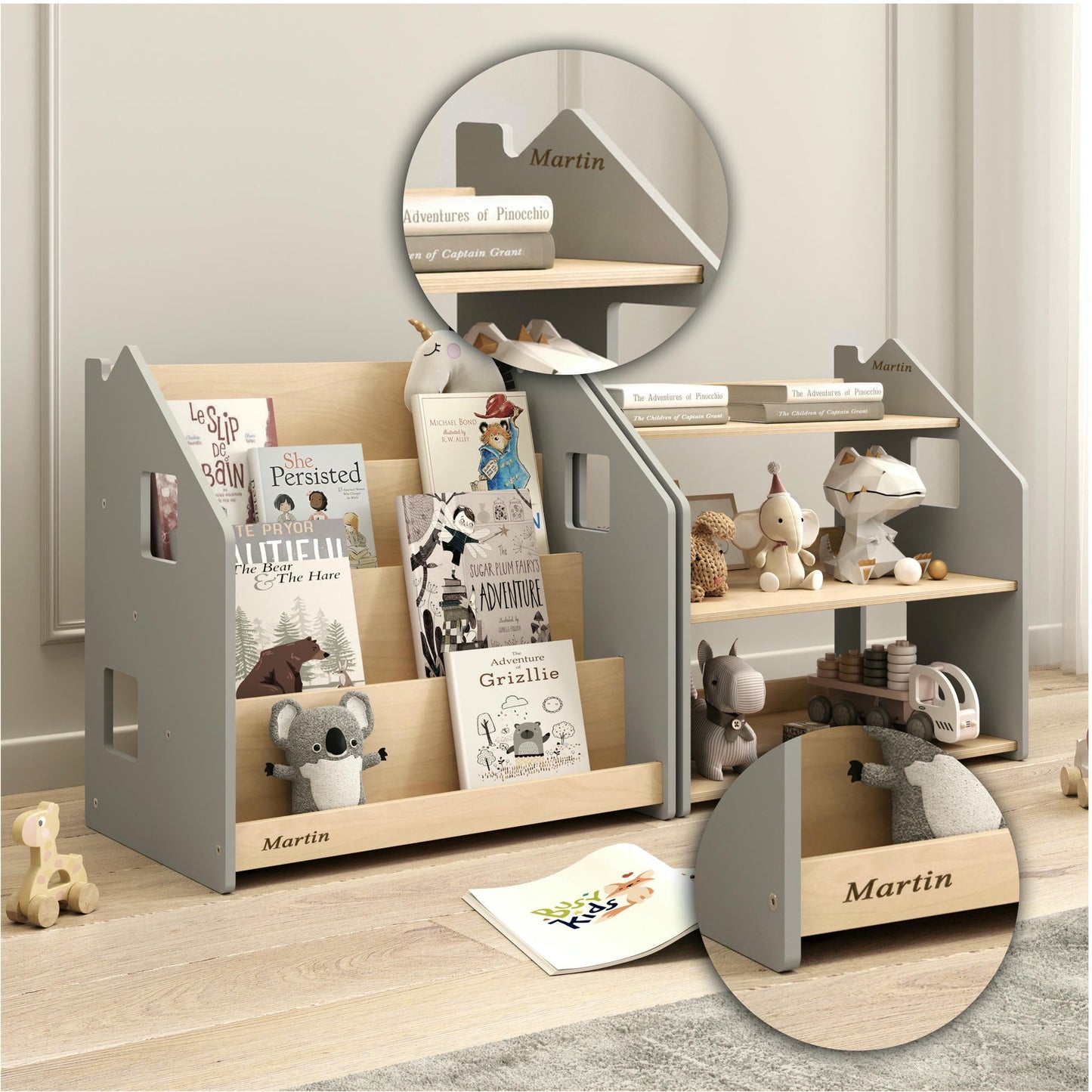 Kind bij BusyKids boekenkast en speelgoedrek set – wit en grijs in de kinderkamer