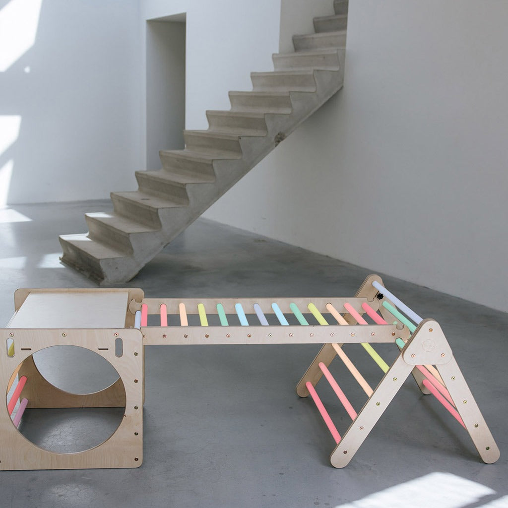 Pikler climbing triangle, climbing cube with ladder and slide/climbing slope - pastel