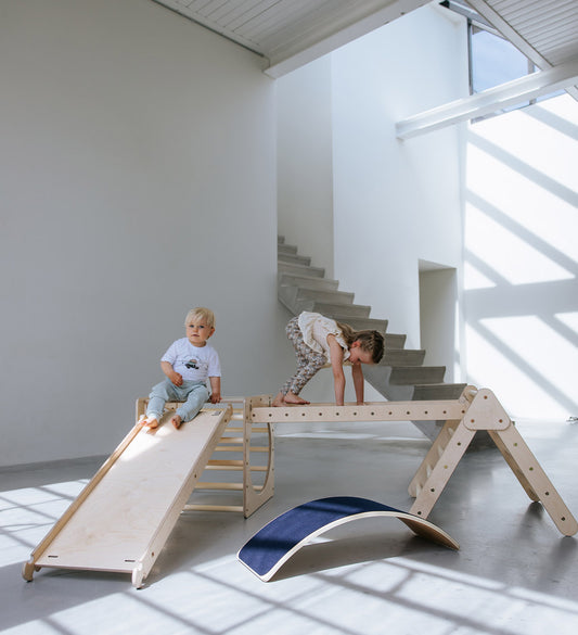 Pikler climbing triangle, climbing cube with ladder and slide/climbing slope - natural