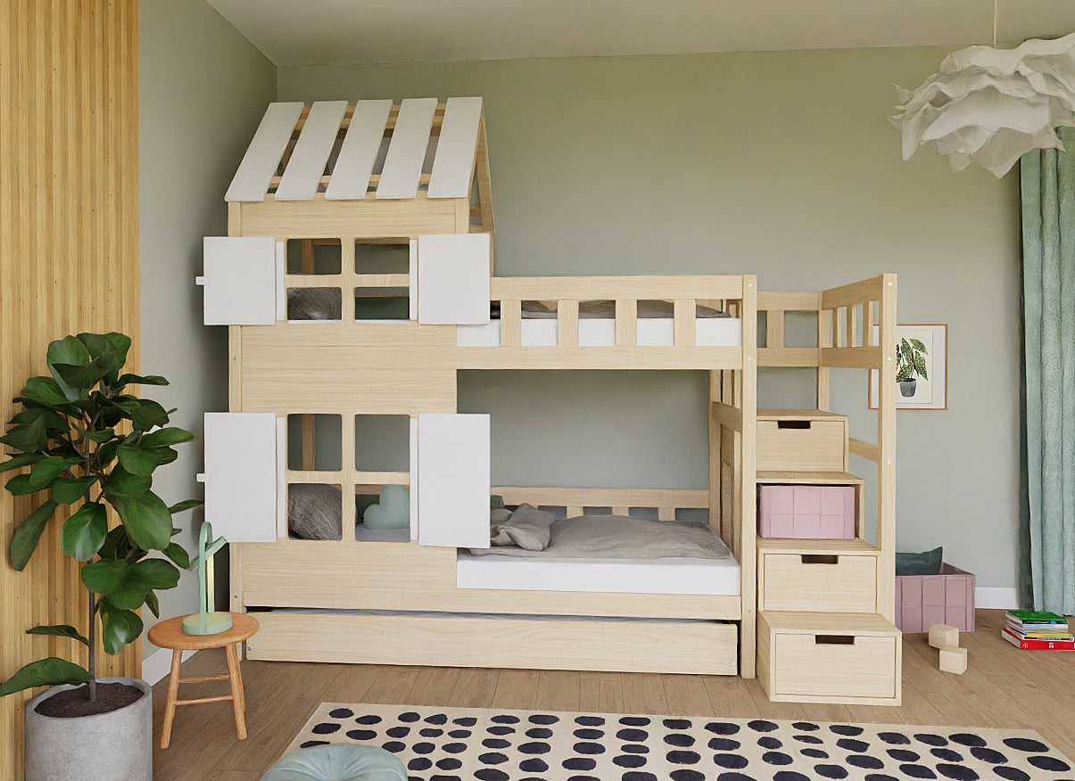 Benlemi COTTAGE stapelbed met half dak in wit en naturel