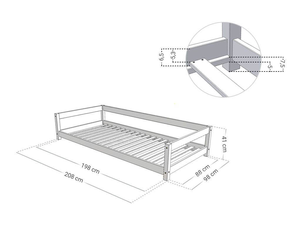 Afmetingen Benlemi LUCKY kinderbed met achterrand 90x200