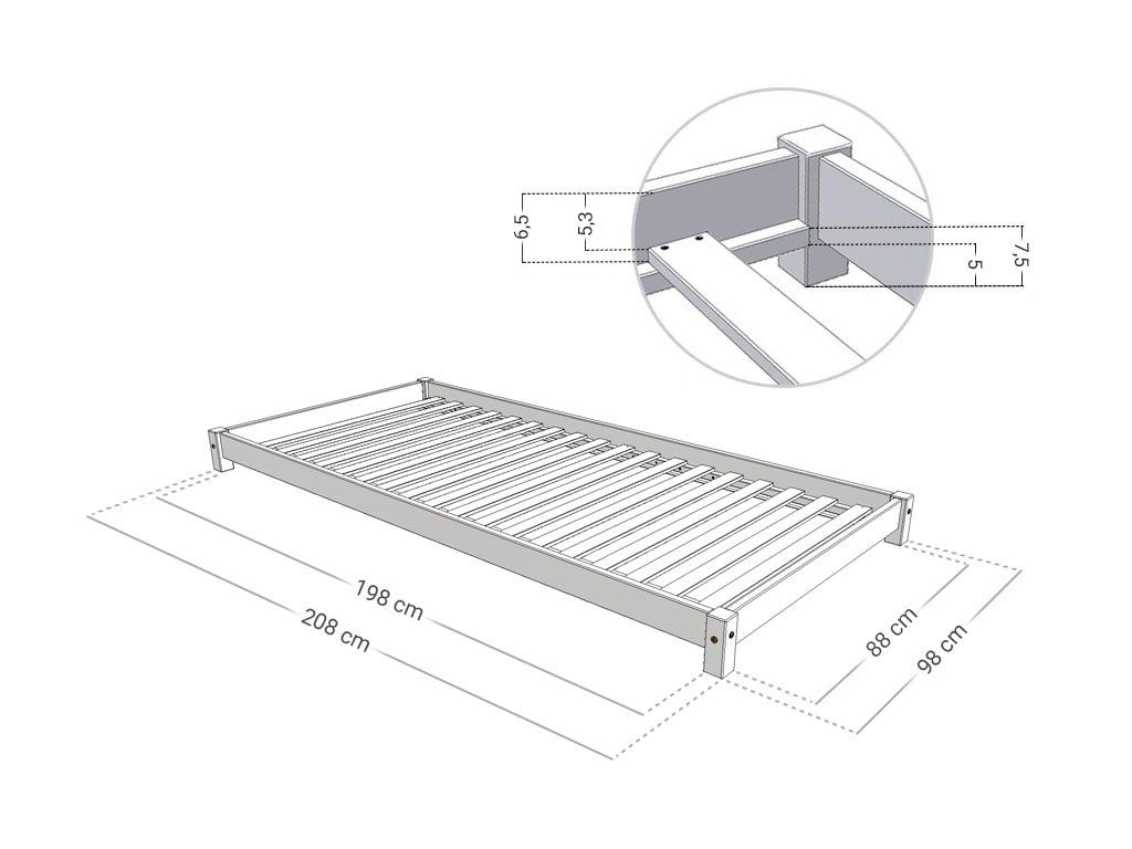 Afmetingen Benlemi LUCKY kinderbed zonder hoofdbord 90x200