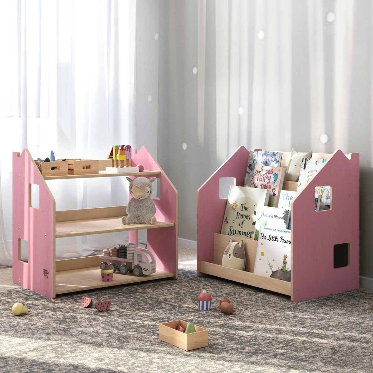 BusyKids boekenkast en speelgoedrek set – zachtblauw/roze