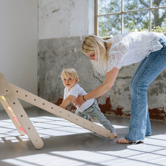 Pikler klimdriehoek, klimkubus met ladder en glijbaan/klimhelling - pastel -