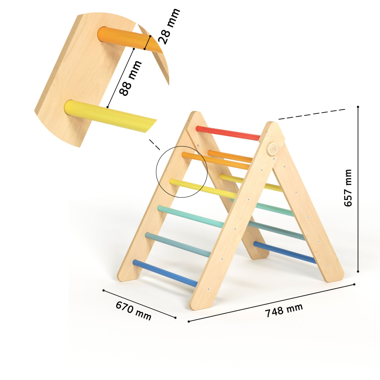 BusyKids Pikler groot set – driehoek, 2 planken & balanswip – regenboog – productbeeld 10