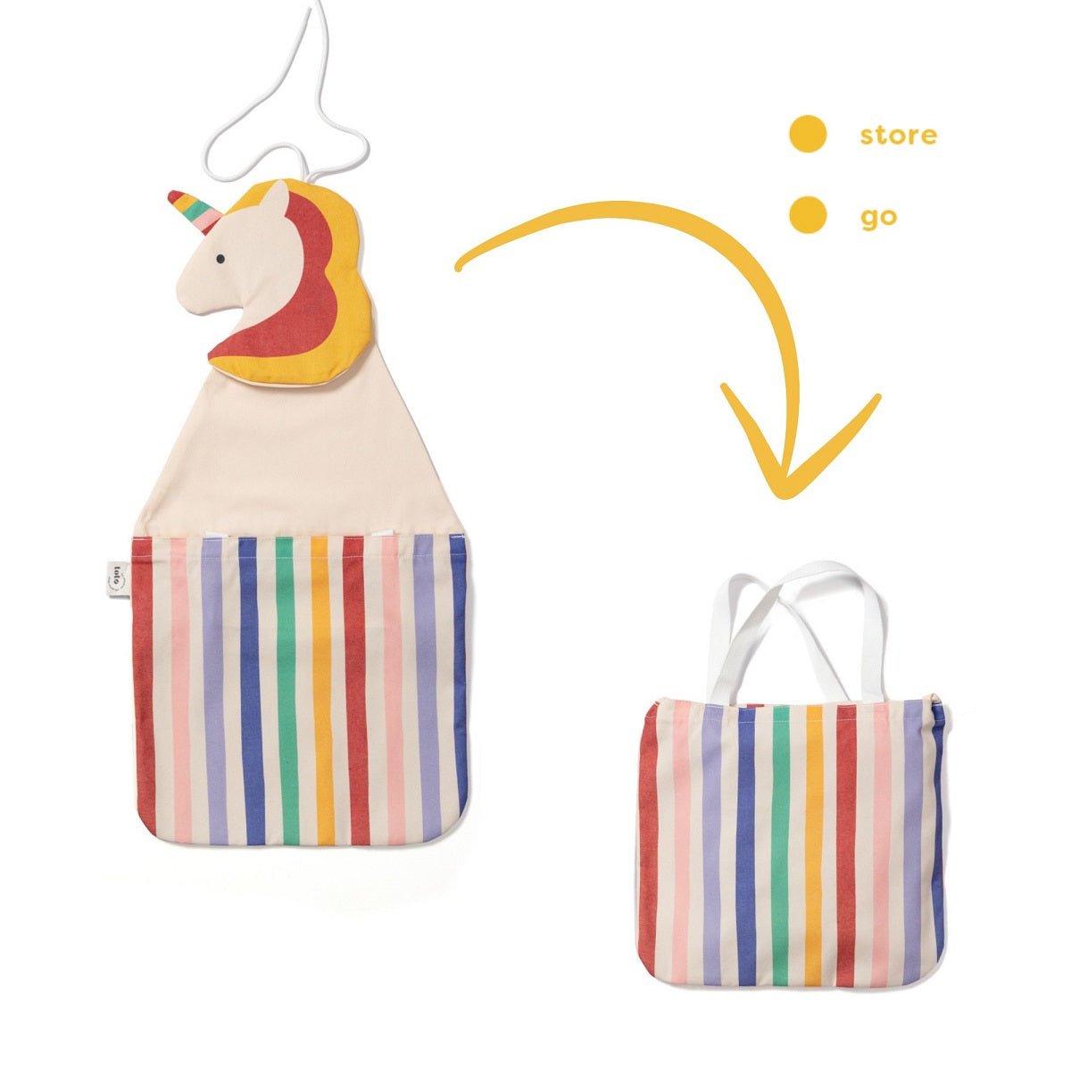 Play&Go Toto Unicorn als wandopberger en gestreepte draagtas