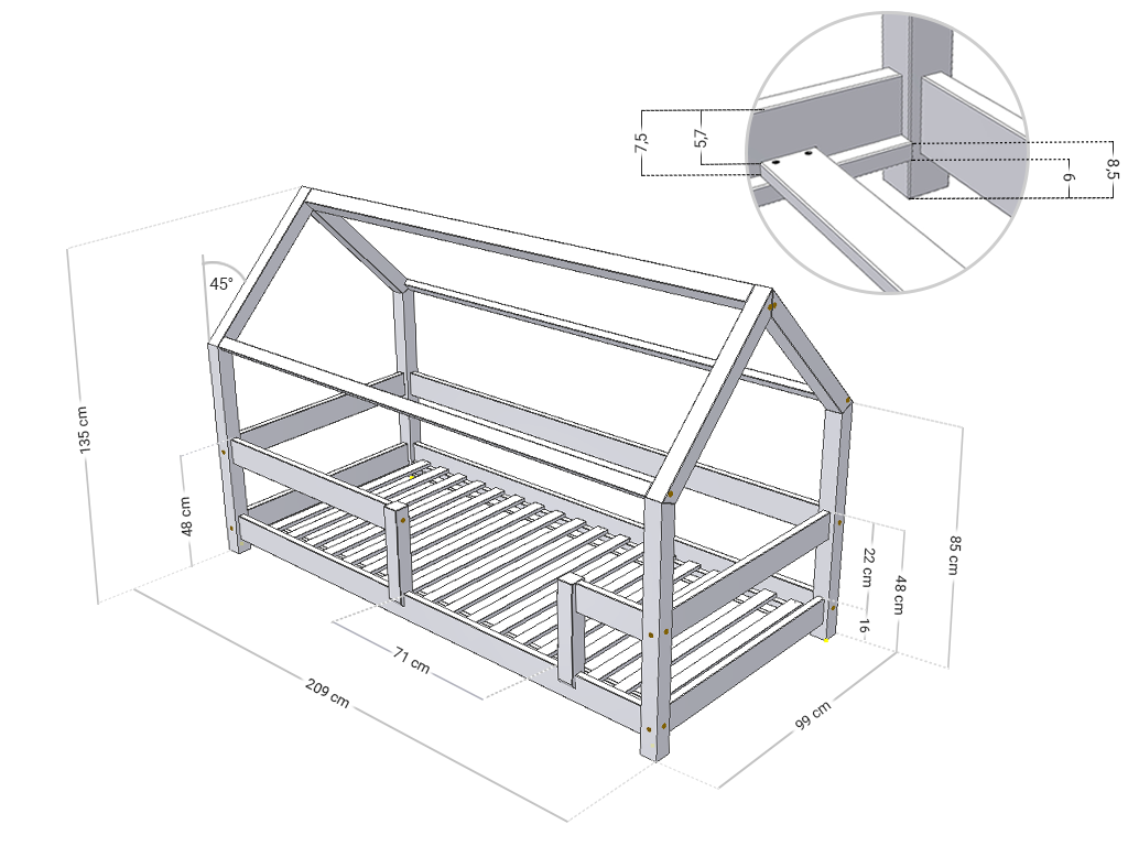 Bed house Tery - wooden children's bed - 90x200 cm