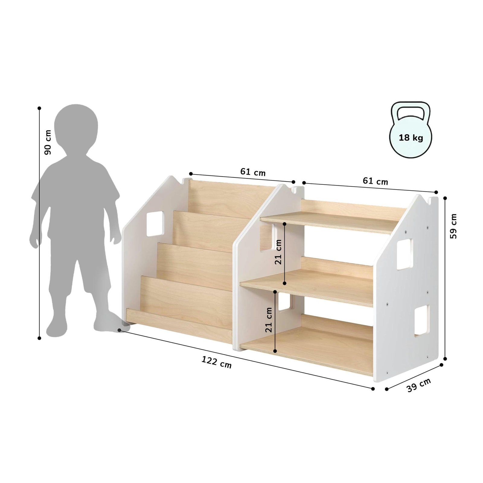 Maatafbeelding van BusyKids boekenkast en speelgoedrek set – wit en grijs: 61 × 39 × 59 cm