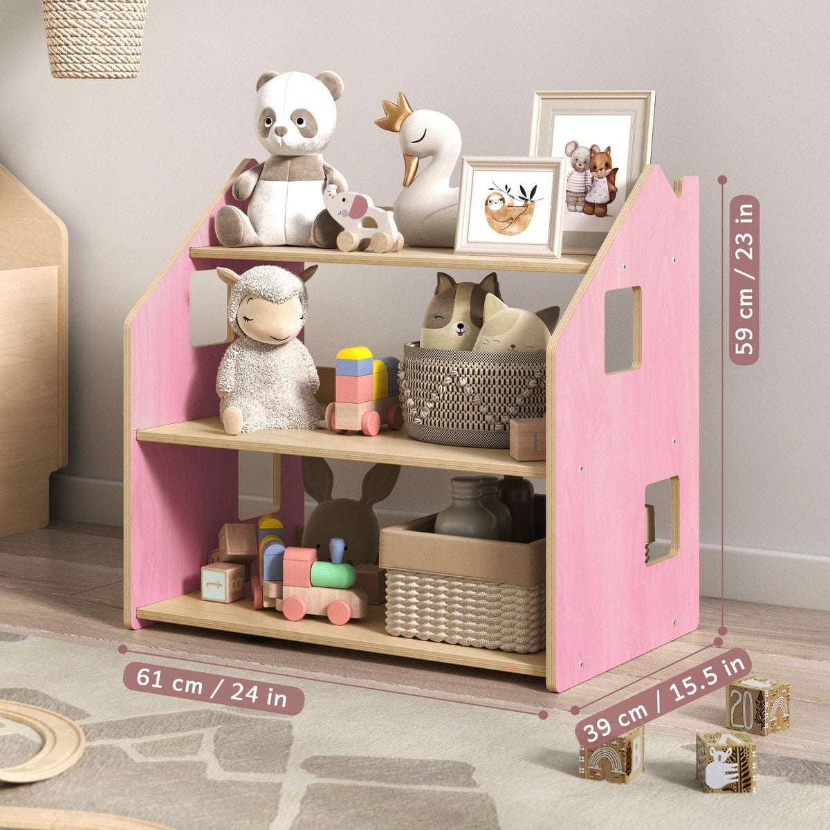Maatafbeelding van BusyKids speelgoedrek – zachtblauw/roze: 61 × 39 × 59 cm