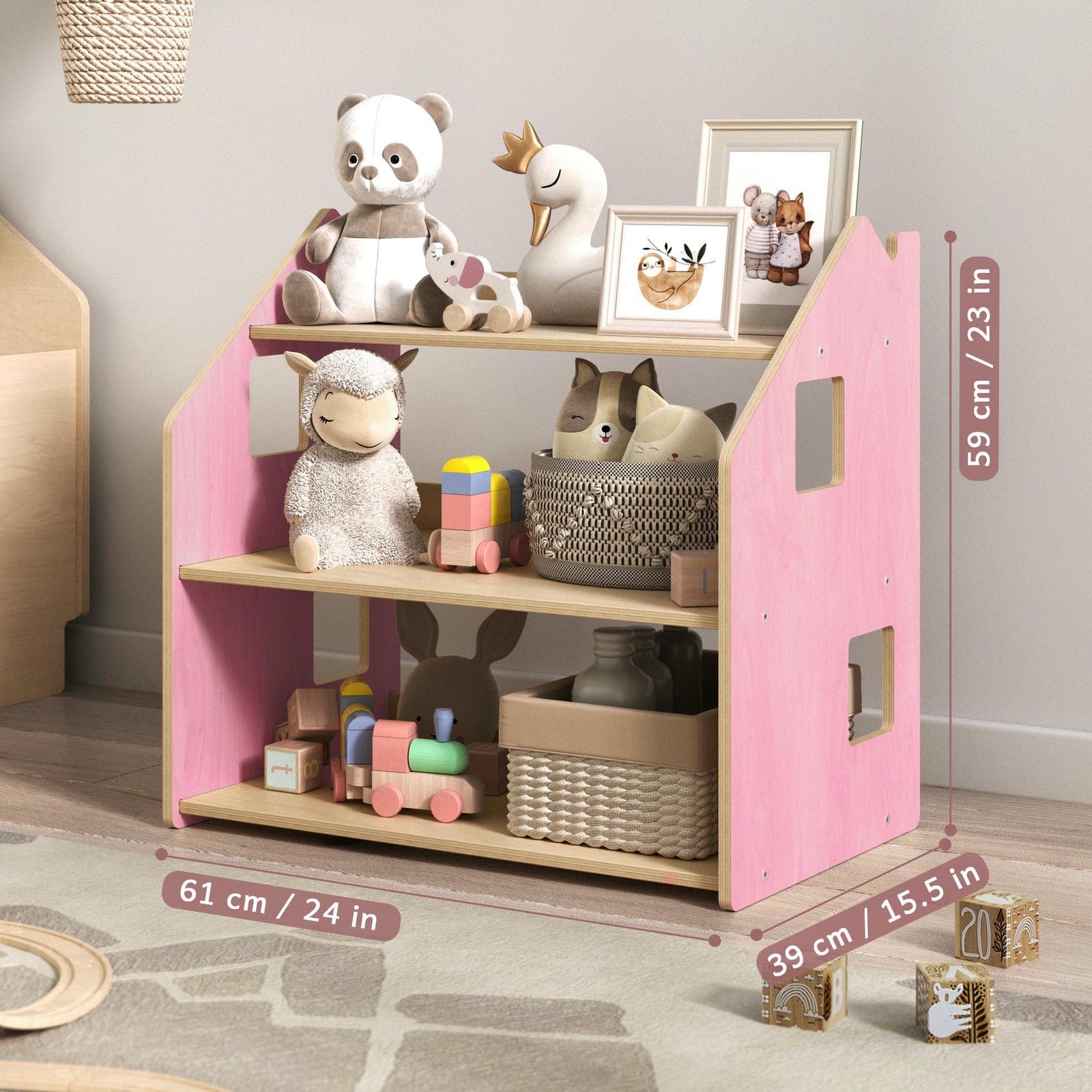 Maatafbeelding van BusyKids speelgoedrek – zachtblauw/roze: 61 × 39 × 59 cm