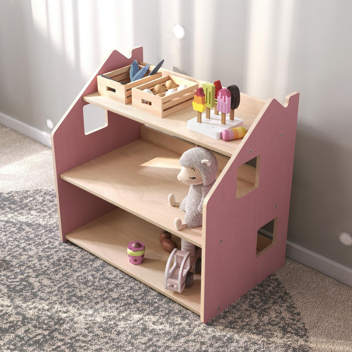 BusyKids boekenkast en speelgoedrek set – zachtblauw/roze