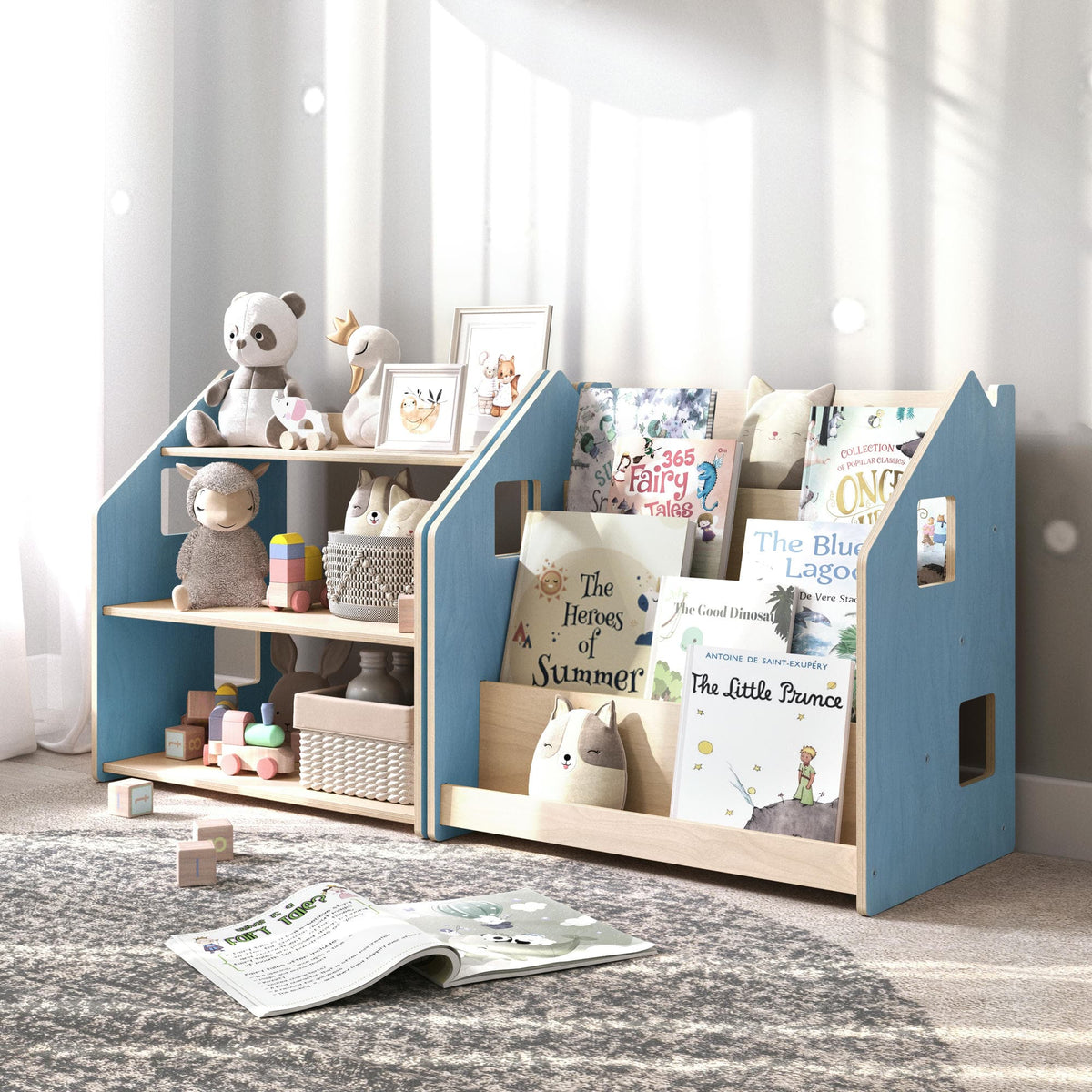 BusyKids Montessori boekenkast – zachtblauw/roze