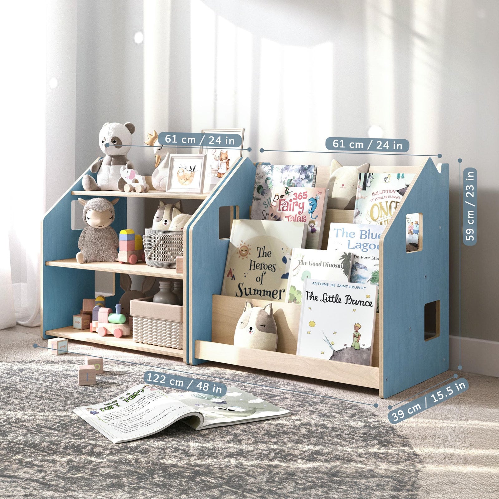 Maatafbeelding van BusyKids boekenkast en speelgoedrek set – zachtblauw/roze: 61 × 39 × 59 cm