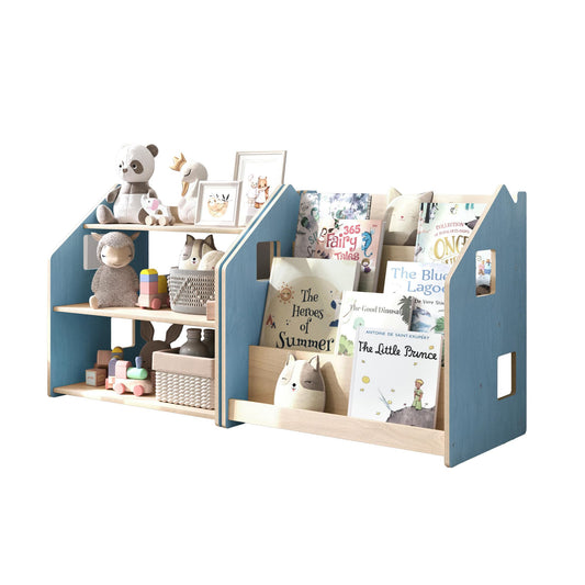 Vrijstaand productbeeld van BusyKids boekenkast en speelgoedrek set – zachtblauw/roze