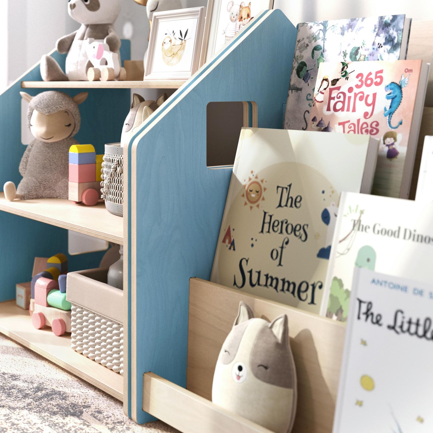 BusyKids boekenkast en speelgoedrek set – zachtblauw/roze
