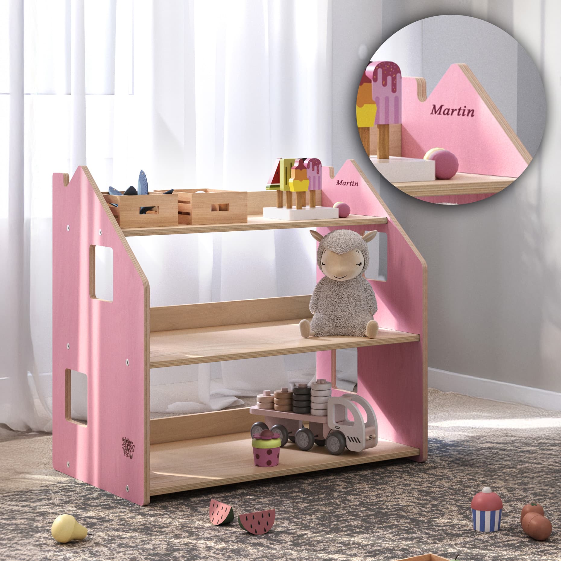 Kind bij BusyKids speelgoedrek – zachtblauw/roze in de kinderkamer