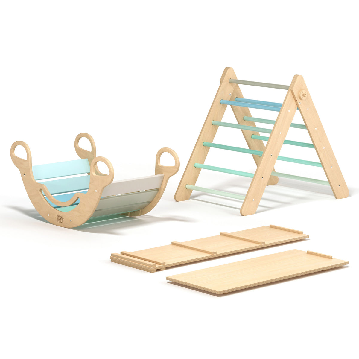 BusyKids Pikler groot set – driehoek, 2 planken &amp; balanswip – regenboog – productbeeld 17