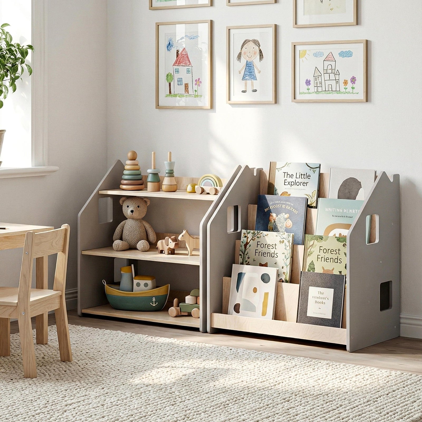 BusyKids boekenkast en speelgoedrek set – wit en grijs