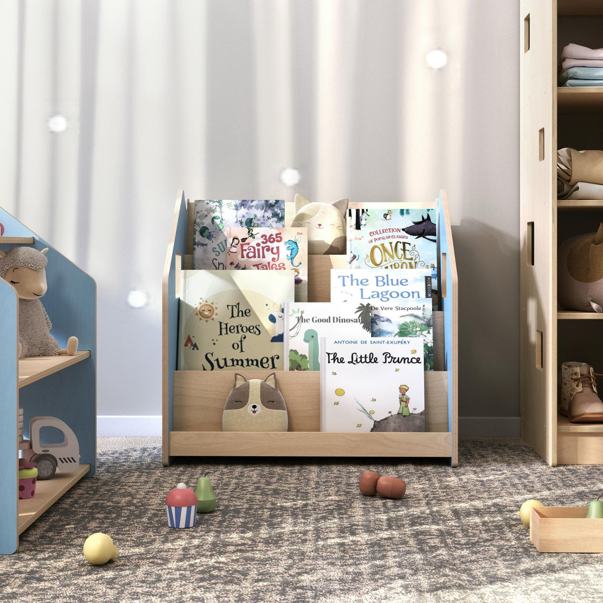BusyKids Montessori boekenkast – zachtblauw/roze