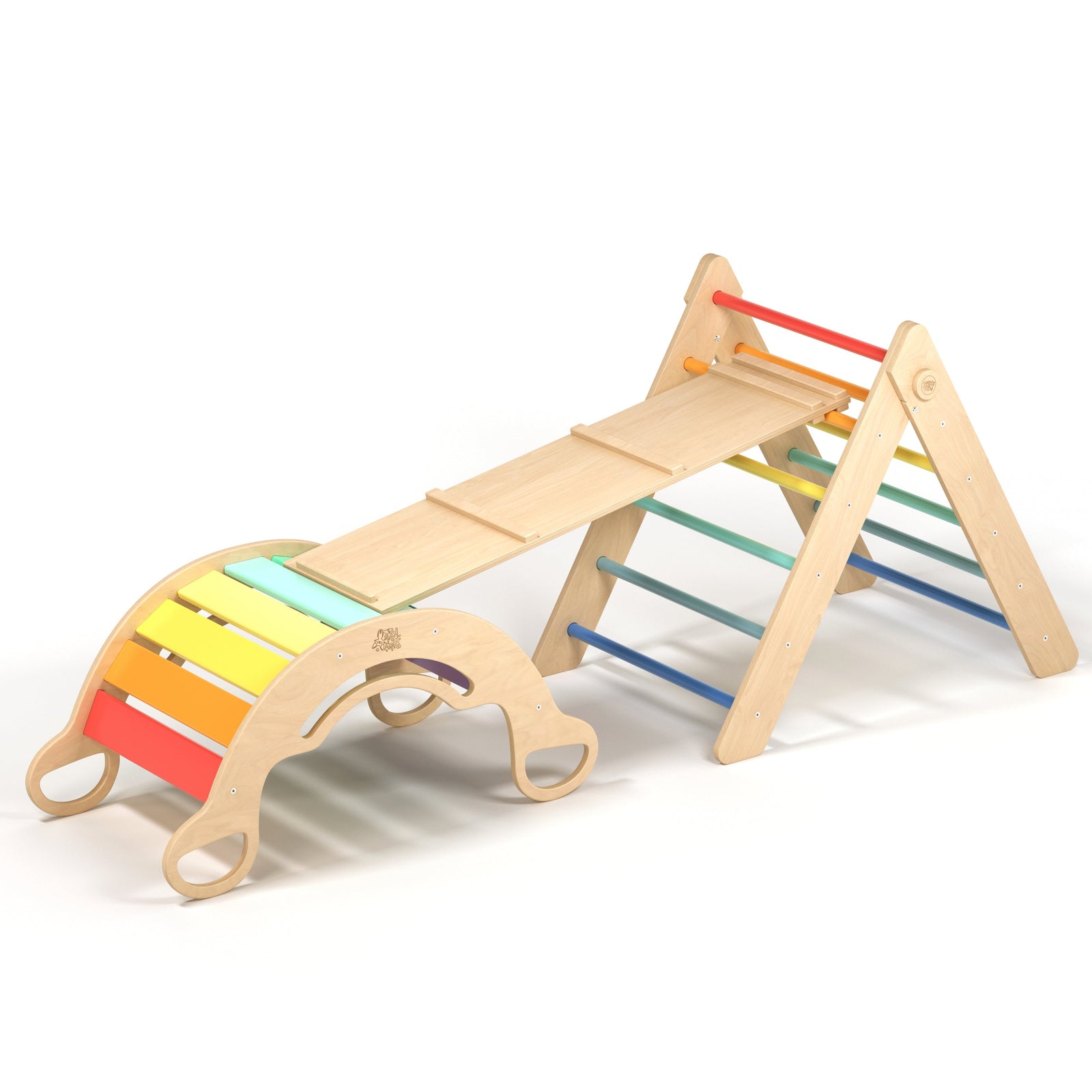 BusyKids Pikler set – driehoek, plank & balanswip – regenboog – productbeeld 8