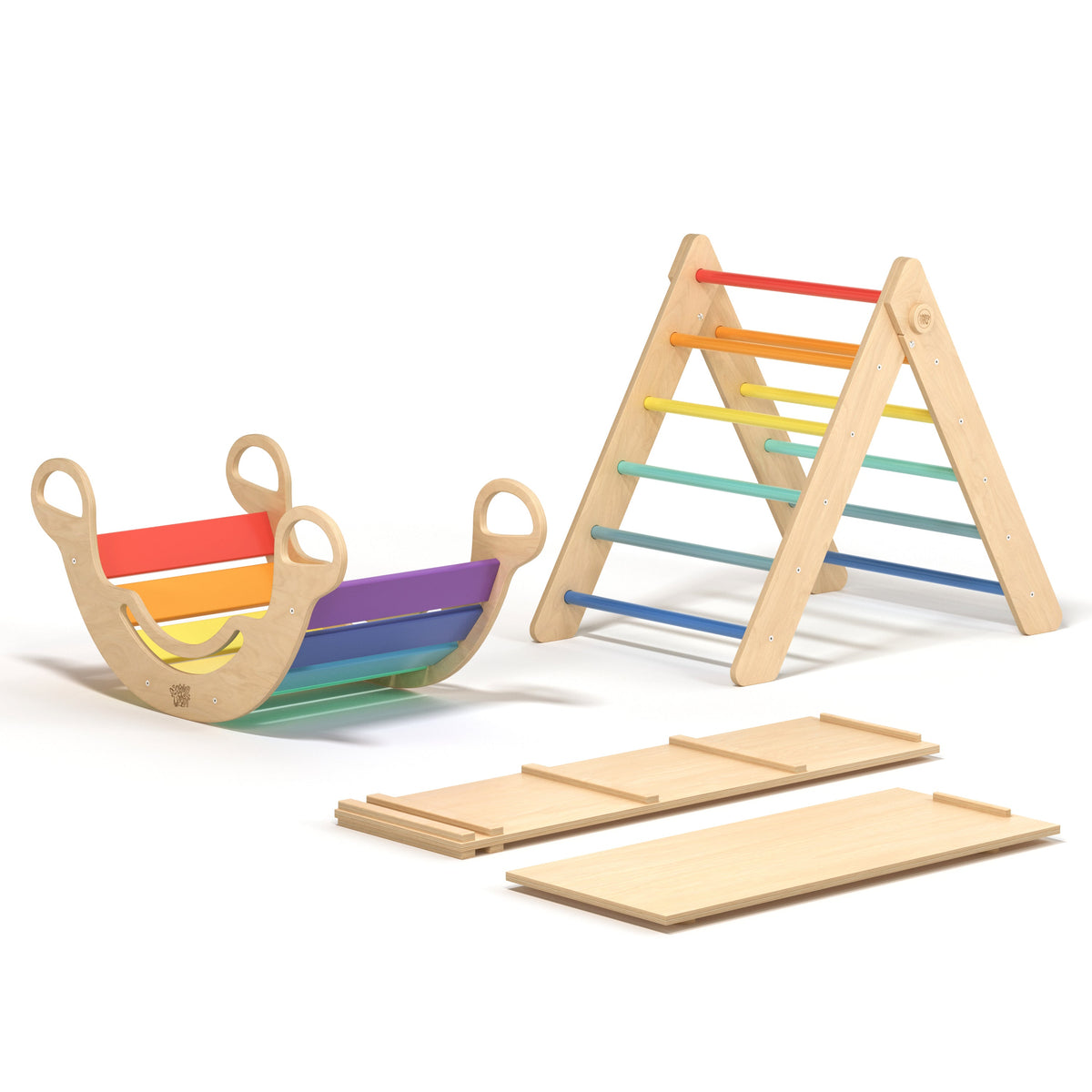 BusyKids Pikler groot set – driehoek, 2 planken &amp; balanswip – regenboog – productbeeld 2