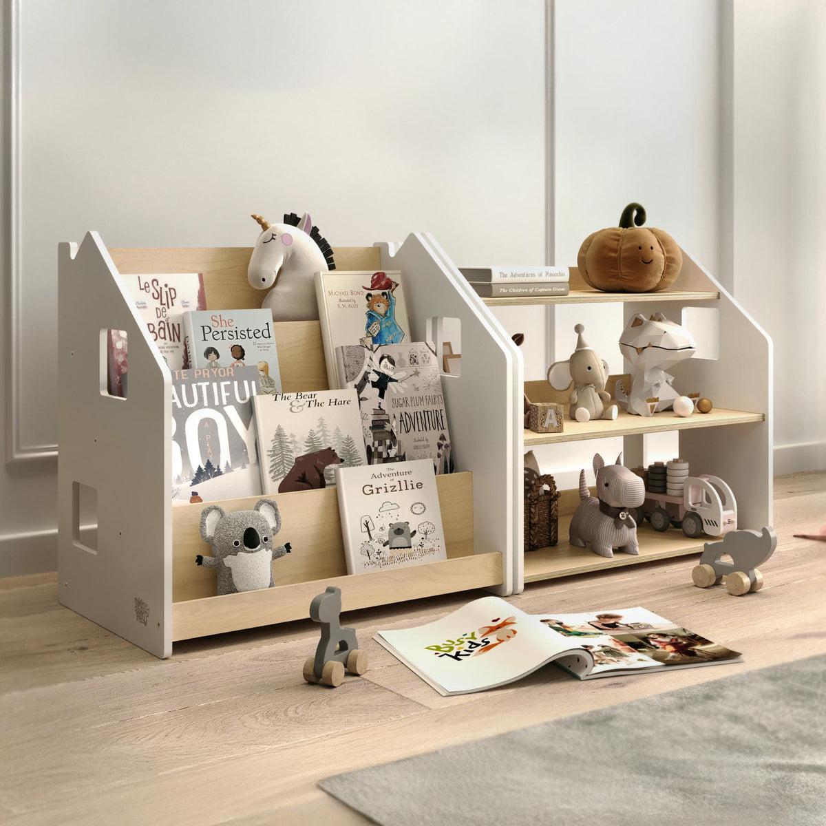 BusyKids boekenkast en speelgoedrek set – wit en grijs