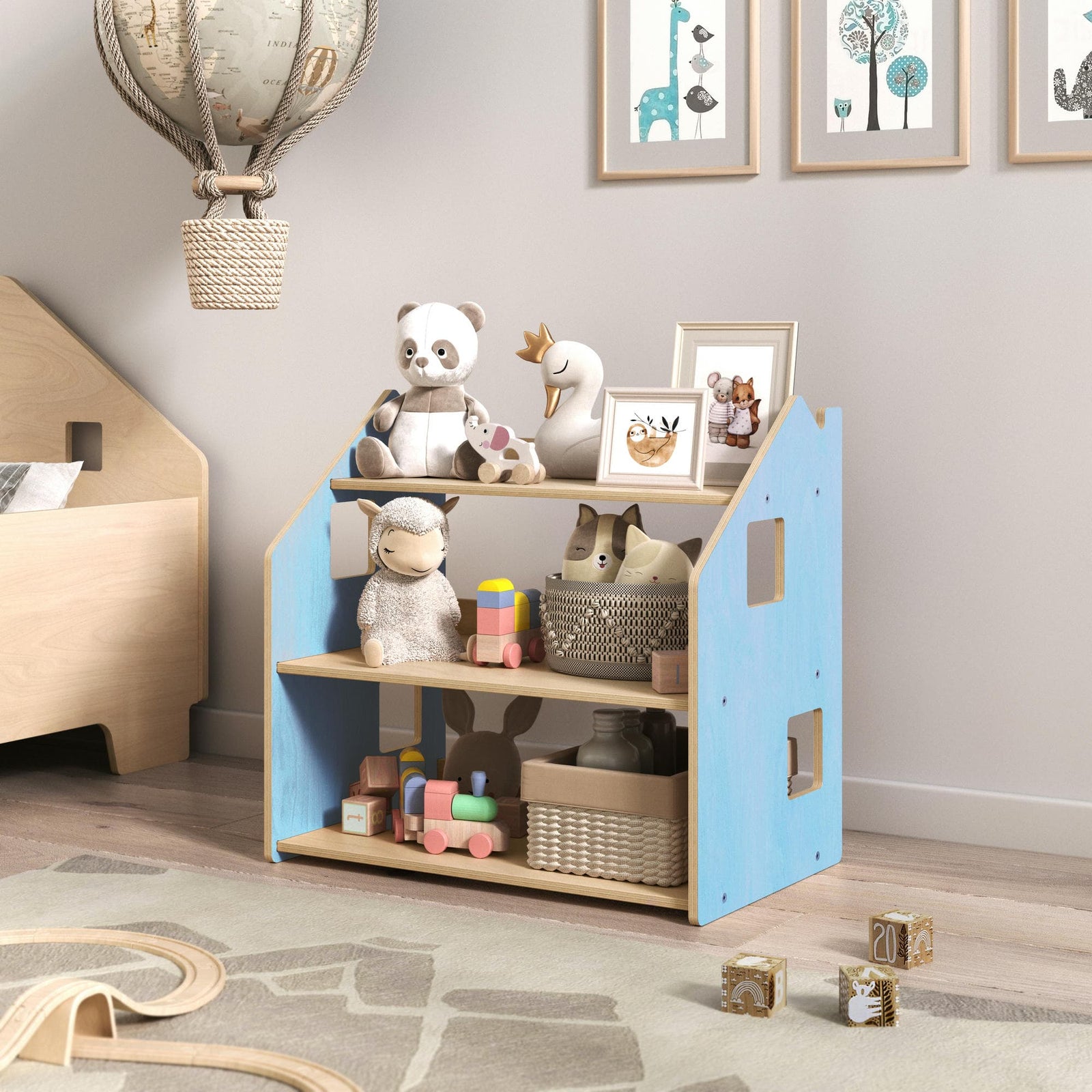 BusyKids boekenkast en speelgoedrek set – zachtblauw/roze