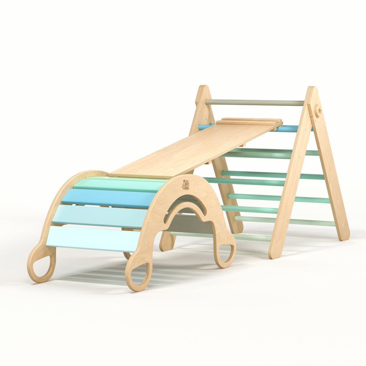 BusyKids Pikler set – driehoek, plank &amp; balanswip – regenboog – productbeeld 17