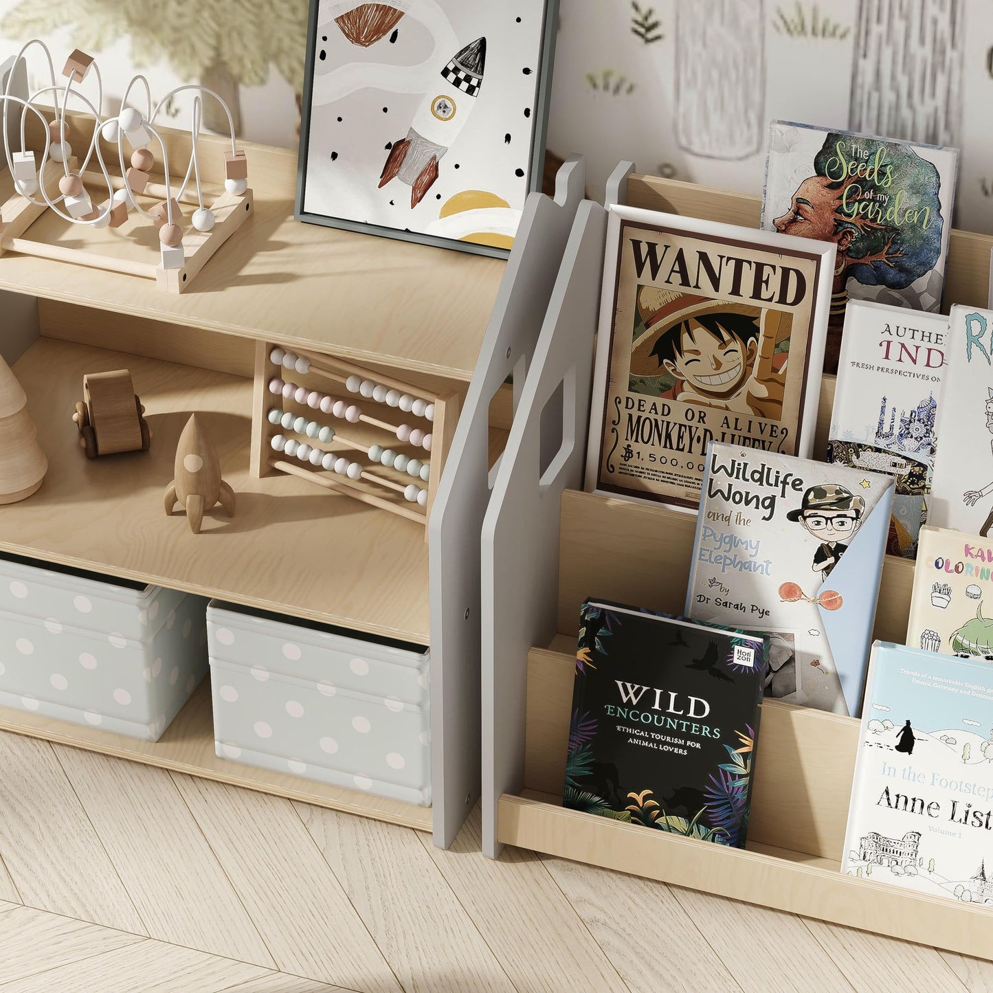 BusyKids boekenkast en speelgoedrek set – grijs