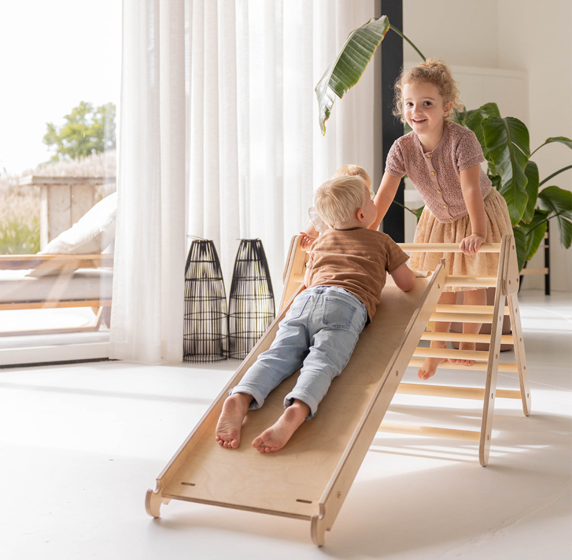 Pikler premium climbing triangle with slide/climbing slope - natural