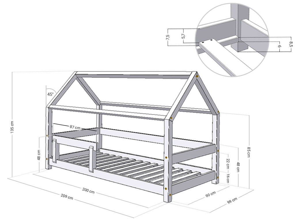 Tery House Bed - Wooden Children's Bed with Bed Rail