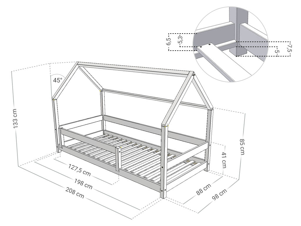 Afmetingen Benlemi LUCKY huisbed met zijdak en bedhekje 90x200