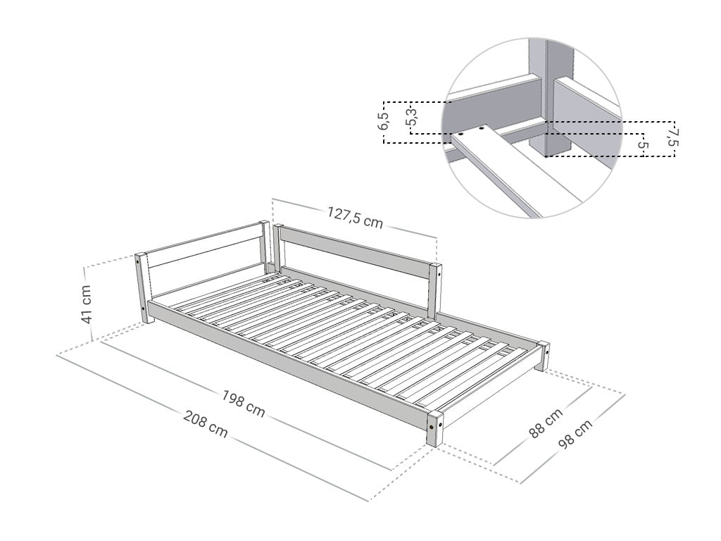 Afmetingen Benlemi LUCKY kinderbed met één hoofdbord en bedhekje 90x200