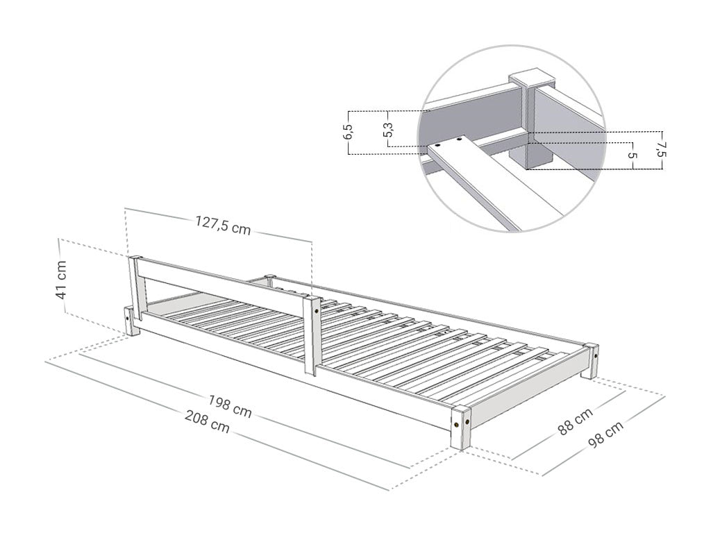 Afmetingen Benlemi LUCKY kinderbed zonder hoofdbord met bedhekje 90x200