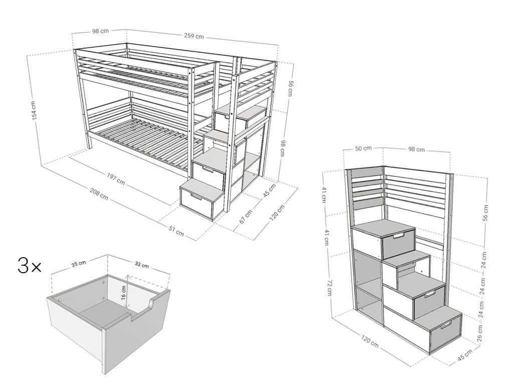 Benlemi Stapelbed TULY — 90×200 met opbergtrap maattekening (voorbeeld 90 × 200 cm)