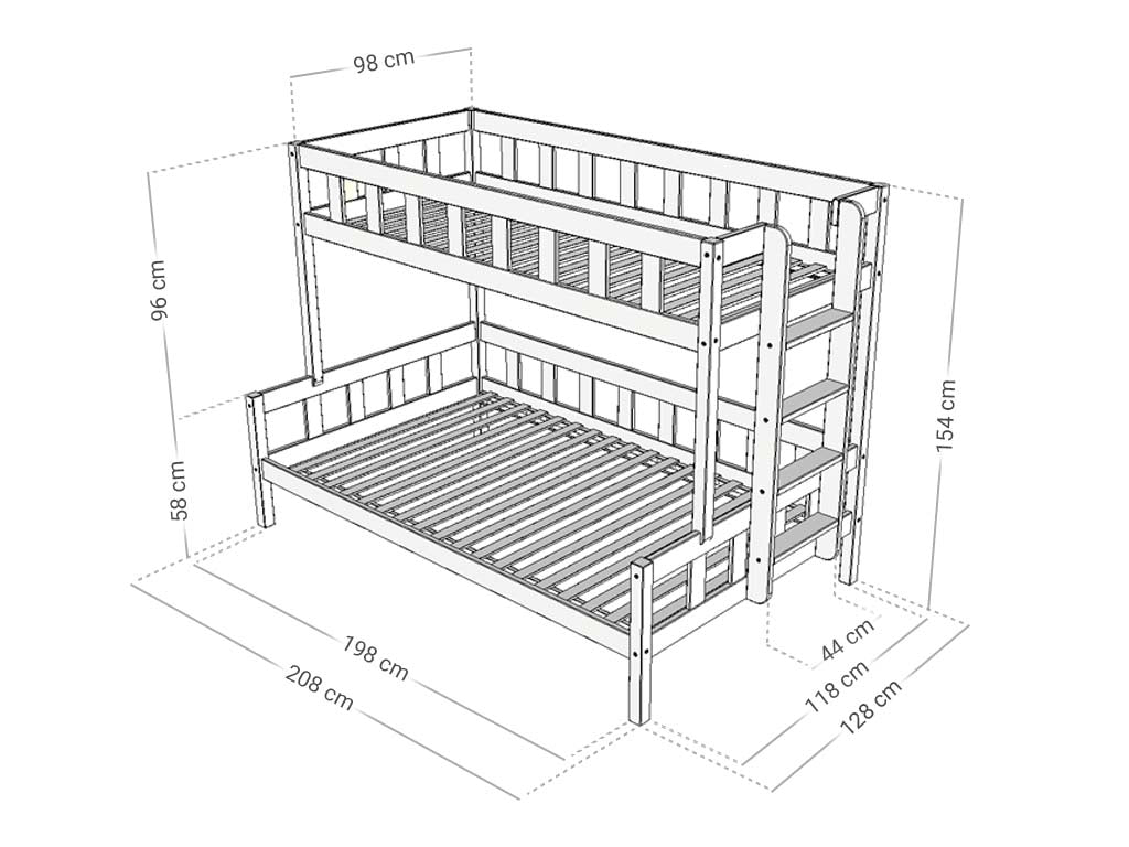 Benlemi Stapelbed PLOTTY — 90×200 / 120×200 met zijladder maattekening