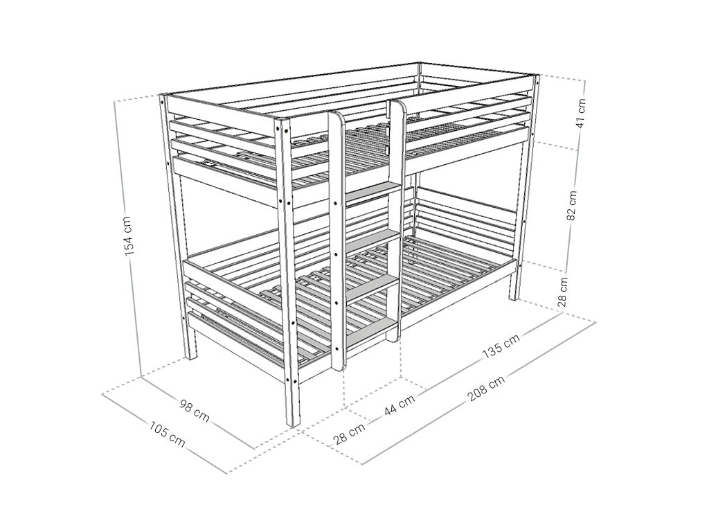 Afmetingen Benlemi TULY stapelbed met ladder 90 × 200 cm