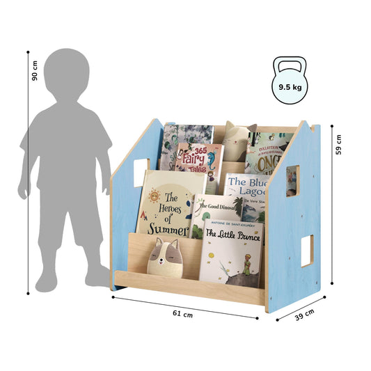 Maatafbeelding van BusyKids Montessori boekenkast – zachtblauw/roze: 61 × 39 × 59 cm