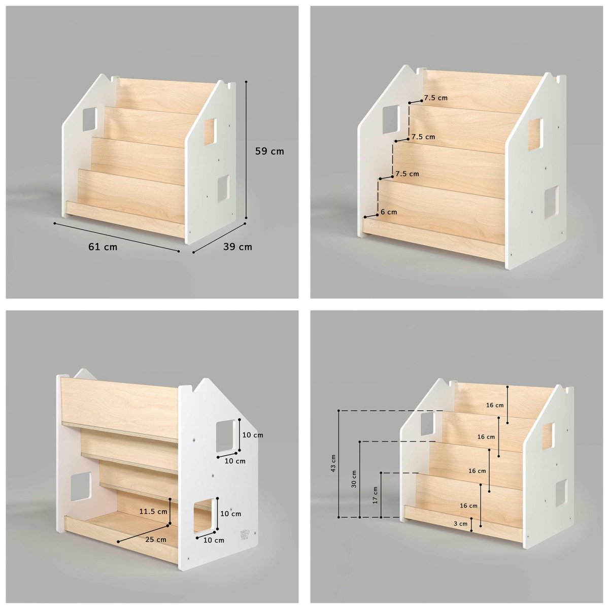 Details en gebruiksmogelijkheden van BusyKids boekenkast en speelgoedrek set – wit en grijs