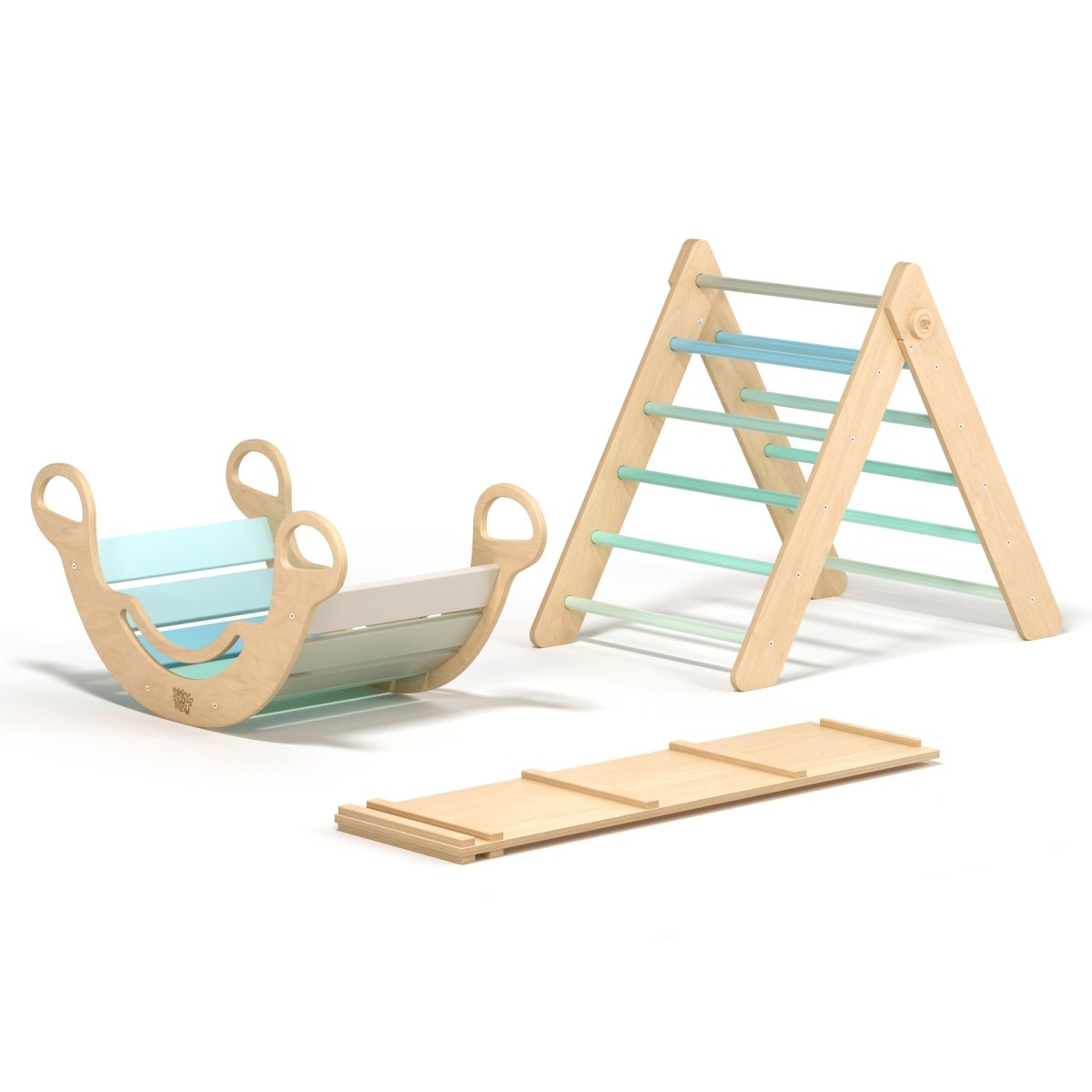 BusyKids Pikler set – driehoek, plank & balanswip – regenboog – productbeeld 16