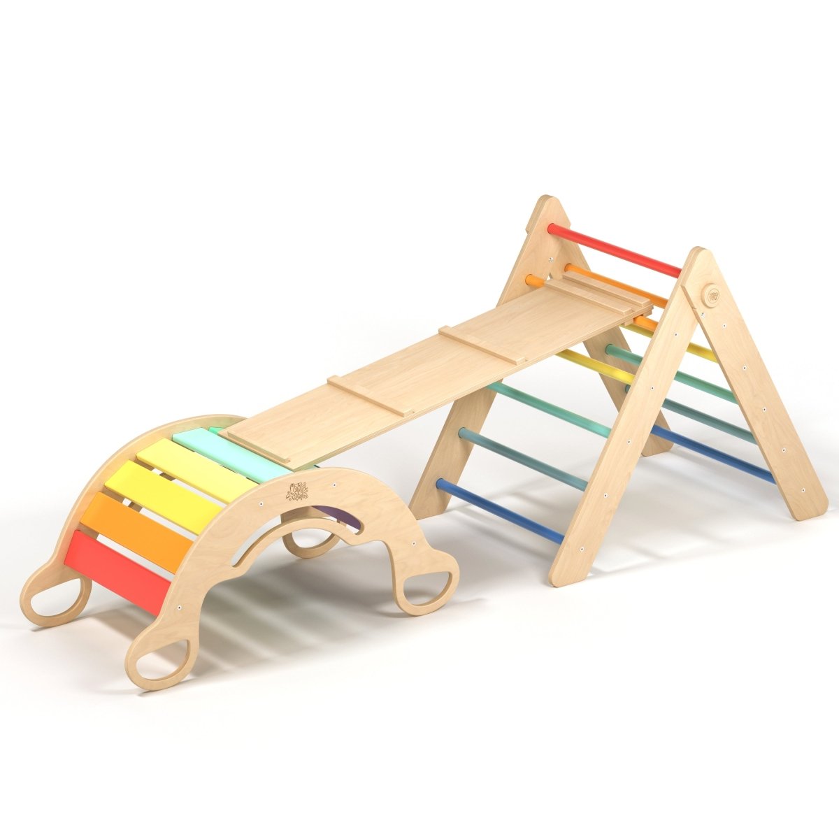 BusyKids Pikler set – driehoek, plank & balanswip – regenboog – productbeeld 8