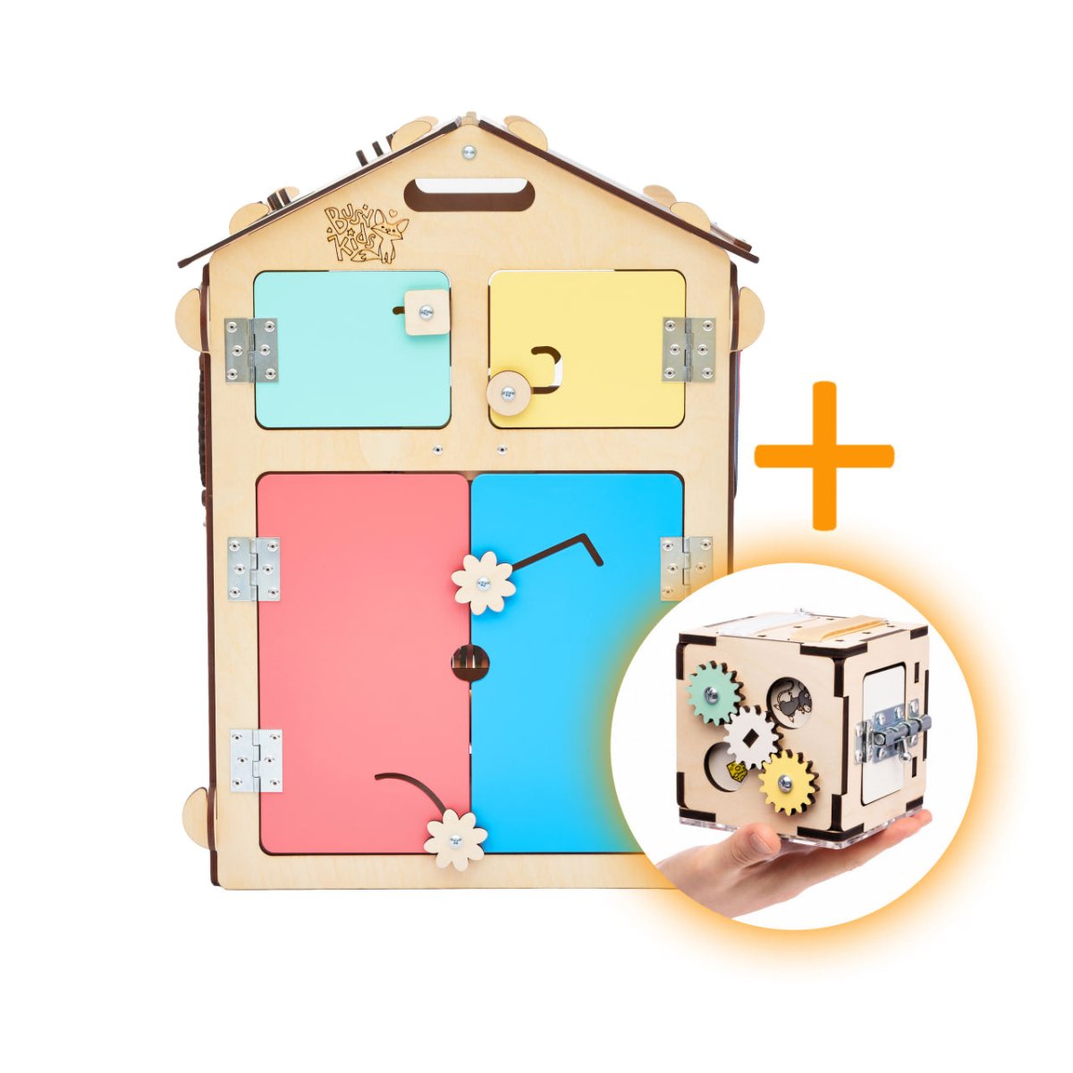 BusyKids set – Busy Board speelhuisje naturel met creatieve kubus-Speelhuisje set