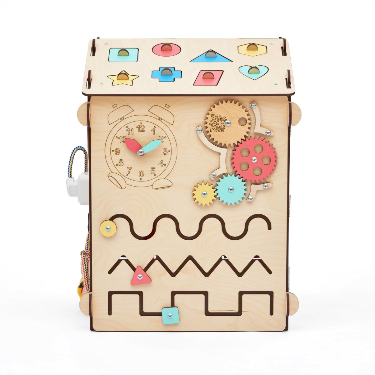 BusyKids set – Busy Board speelhuisje naturel met creatieve kubus-Speelhuisje set