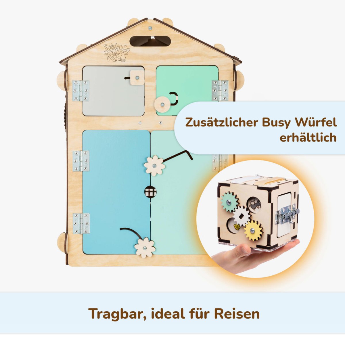 BusyKids set – Busy Board speelhuisje naturel/mint met creatieve kubus-Speelhuisje set