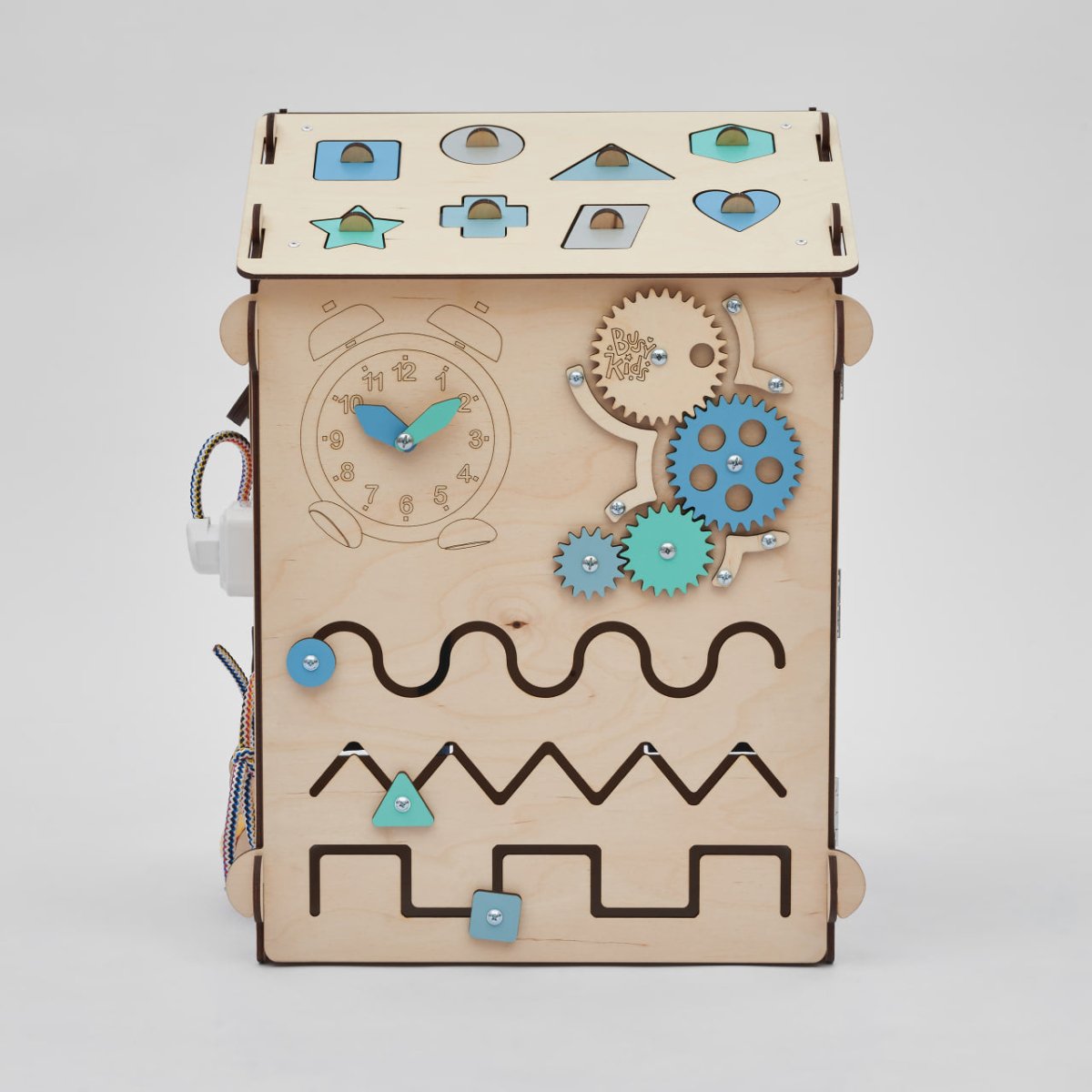 BusyKids set – Busy Board speelhuisje naturel/mint met creatieve kubus-Speelhuisje set