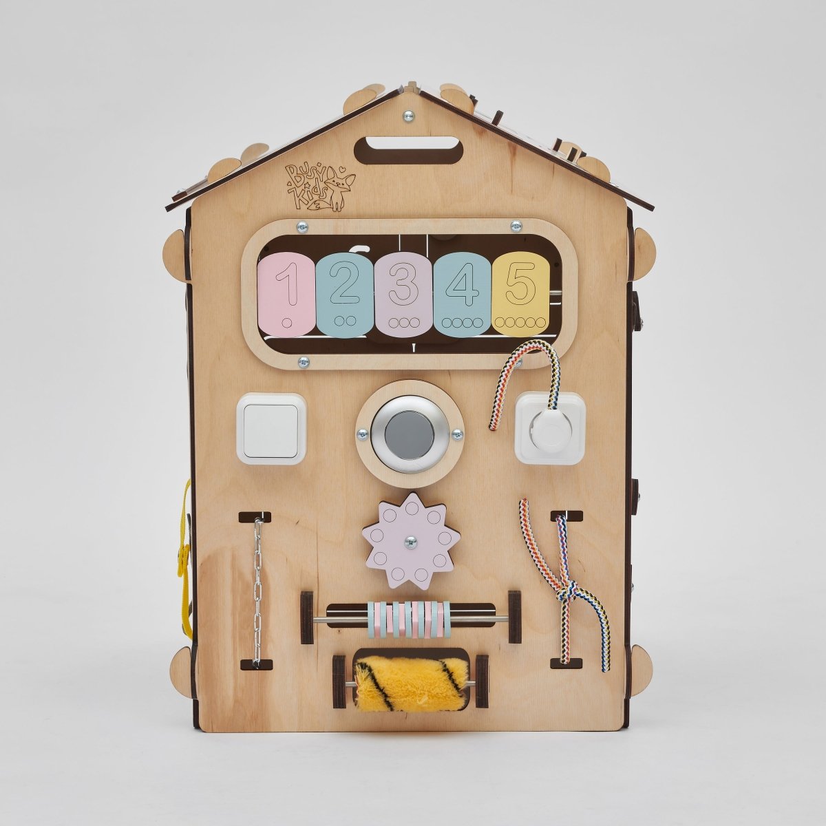 BusyKids set – Busy Board speelhuisje naturel/pastel met creatieve kubus-Speelhuisje set