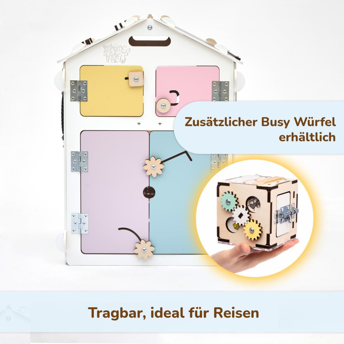 BusyKids set – Busy Board speelhuisje wit/pastel met creatieve kubus-Speelhuisje set