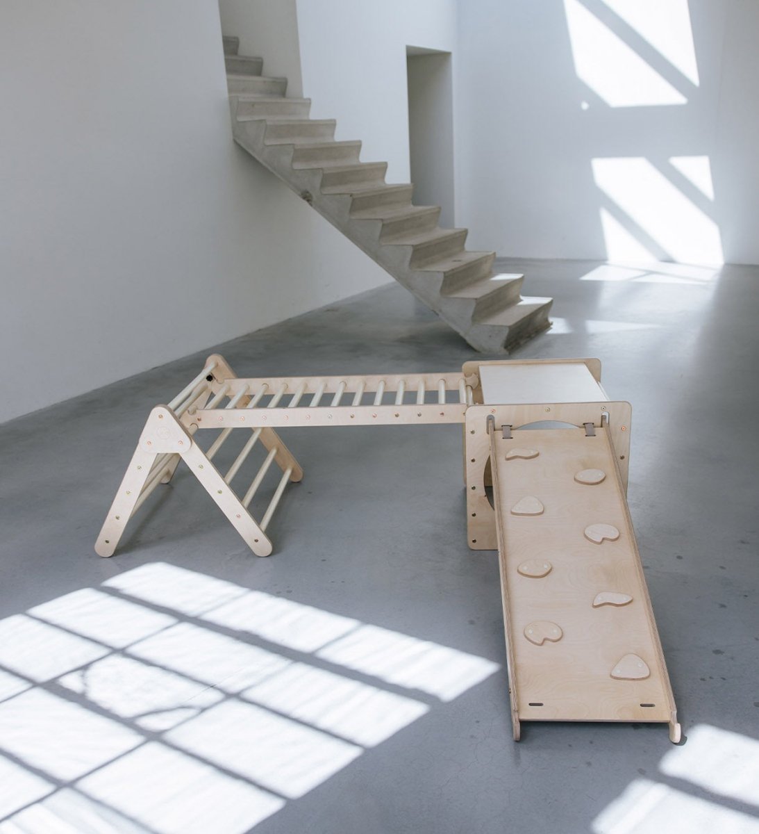 Pikler klimdriehoek, klimkubus met ladder en glijbaan/klimhelling - naturel - 