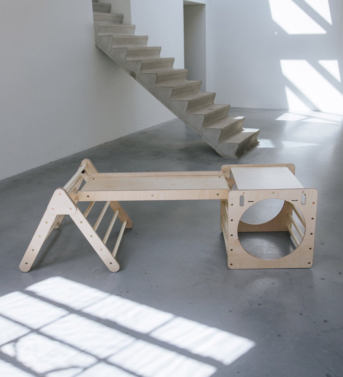 Pikler klimdriehoek, klimkubus met ladder en glijbaan/klimhelling - naturel - 